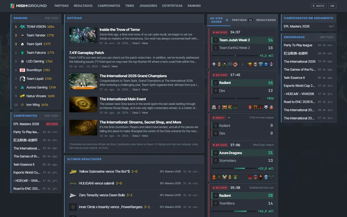 Highground no computador, com partidas ao vivo e ranking