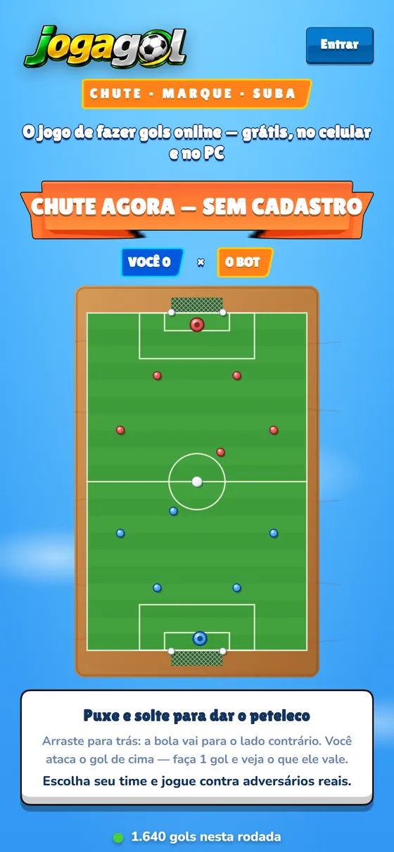 JogaGol no celular, com o campo e a bola prontos para o chute