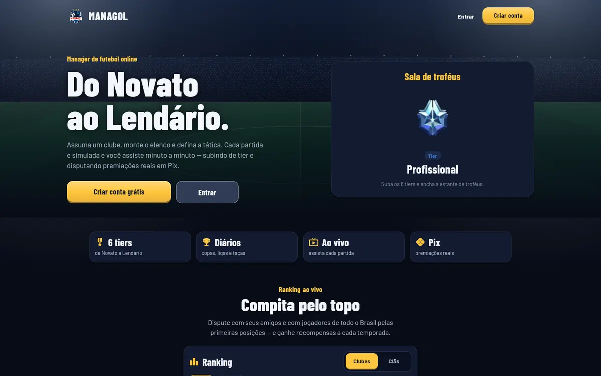 Página inicial do Managol no computador