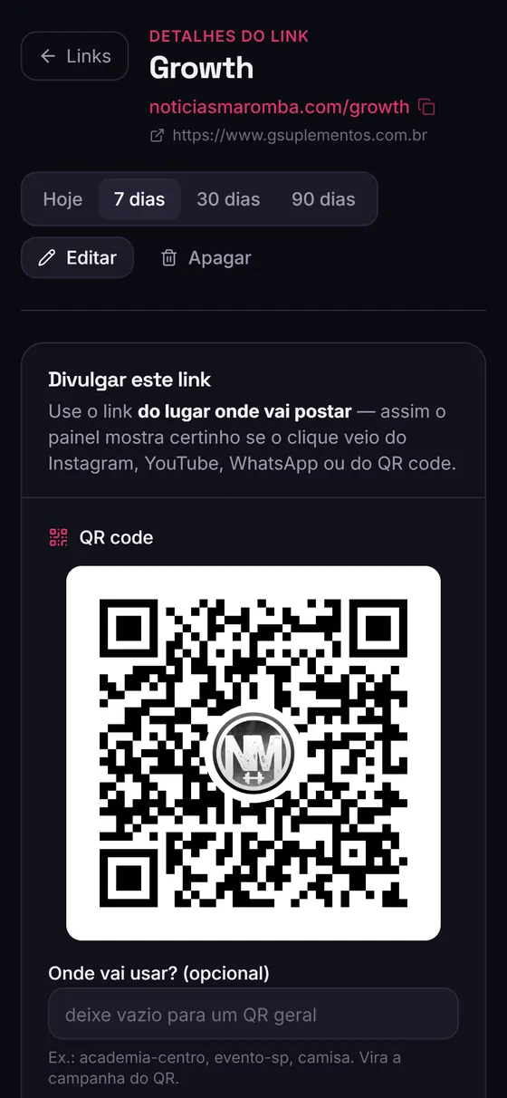 Painel de um link rastreado no celular, com QR code e um link para cada canal