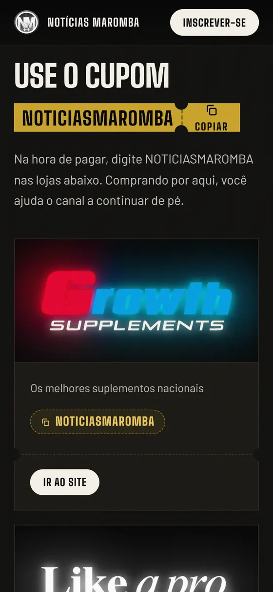 Site do Notícias Maromba no celular, com o cupom do canal e os parceiros